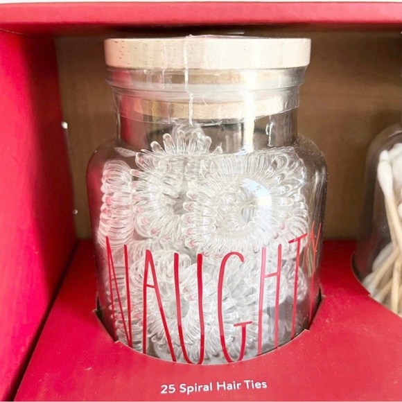 Rae Dunn Naughty and Nice Hair Ties and Cotton Swabs Christmas Glass Jar Set - Picture 3 of 6